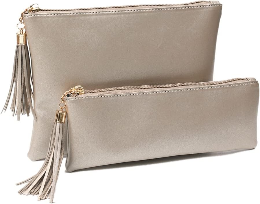 51Uq1kk6o9L._AC_SL1000_.jpg Makeup Bag for Purse Leather Zipper Makeup Pouch with Makeup Brush Bag Cute Makeup Bags for Women Travel (Champagne) - Image 1