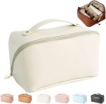 Large Capacity Travel Cosmetic Bag for Women,Makeup Bag Travelling PU Leather Cosmetic Bag Waterproof,Multifunctional Storage Travel Toiletry Bag Skincare Bag (White)