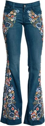 Women Embroidery Bell Bottom Jeans Slim Washed Floral Graphic Blue Jean Casual High Waist Pants