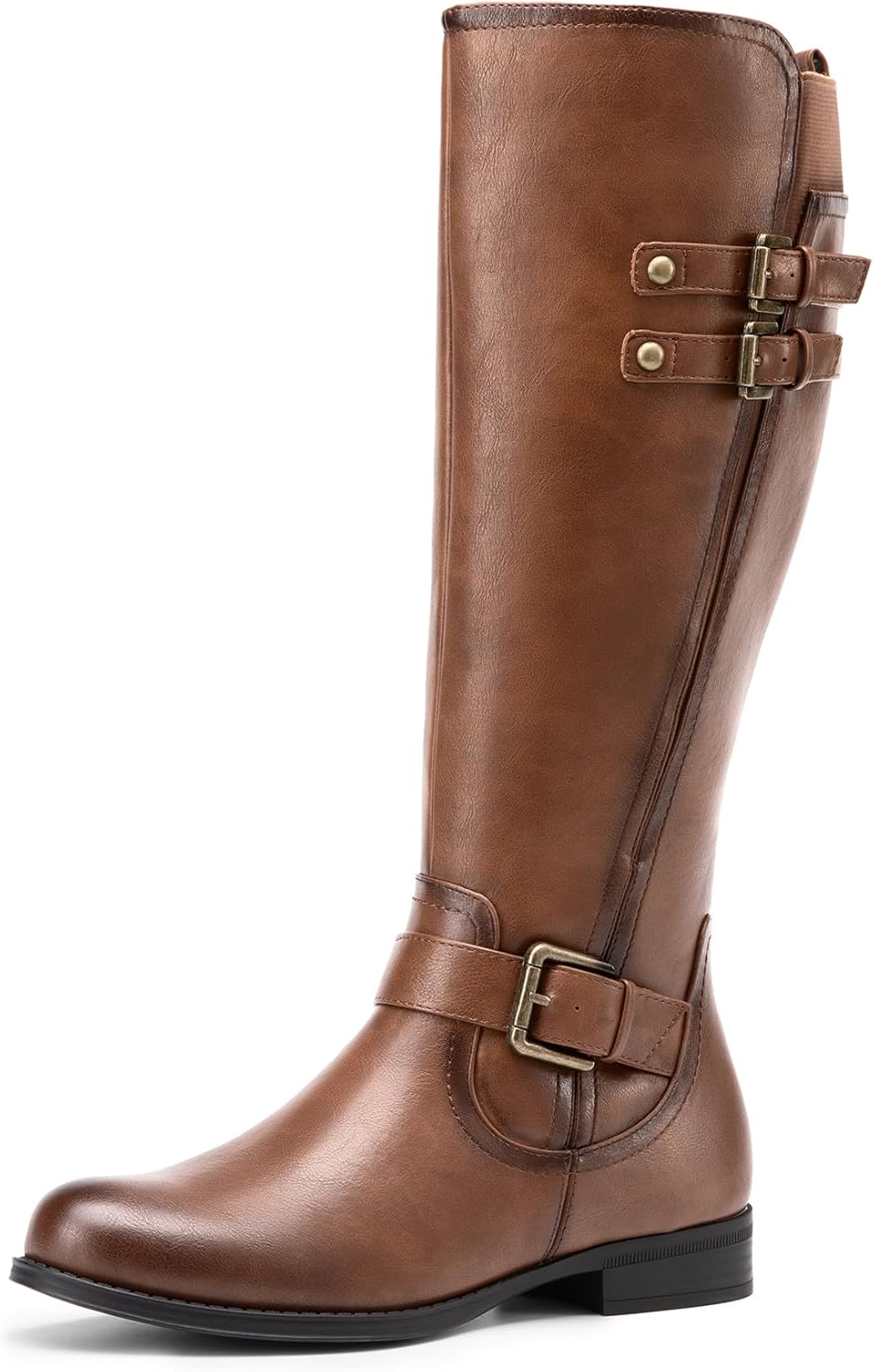 7155oh3WD6L._AC_SL1500_.jpg Women Knee High Riding Pirate Boots, Comfortable Low Chunky Heel Flat Motorcycle Buckle Boots for Women - Image 1