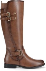 Women Knee High Riding Pirate Boots, Comfortable Low Chunky Heel Flat Motorcycle Buckle Boots for Women - Image 2