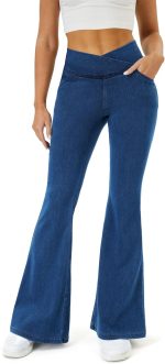 Bell Bottom Jeans for Women Trendy Crossover Stretchy Jeans Flare Leggings with Pockets  Butt Lifting Jeggings