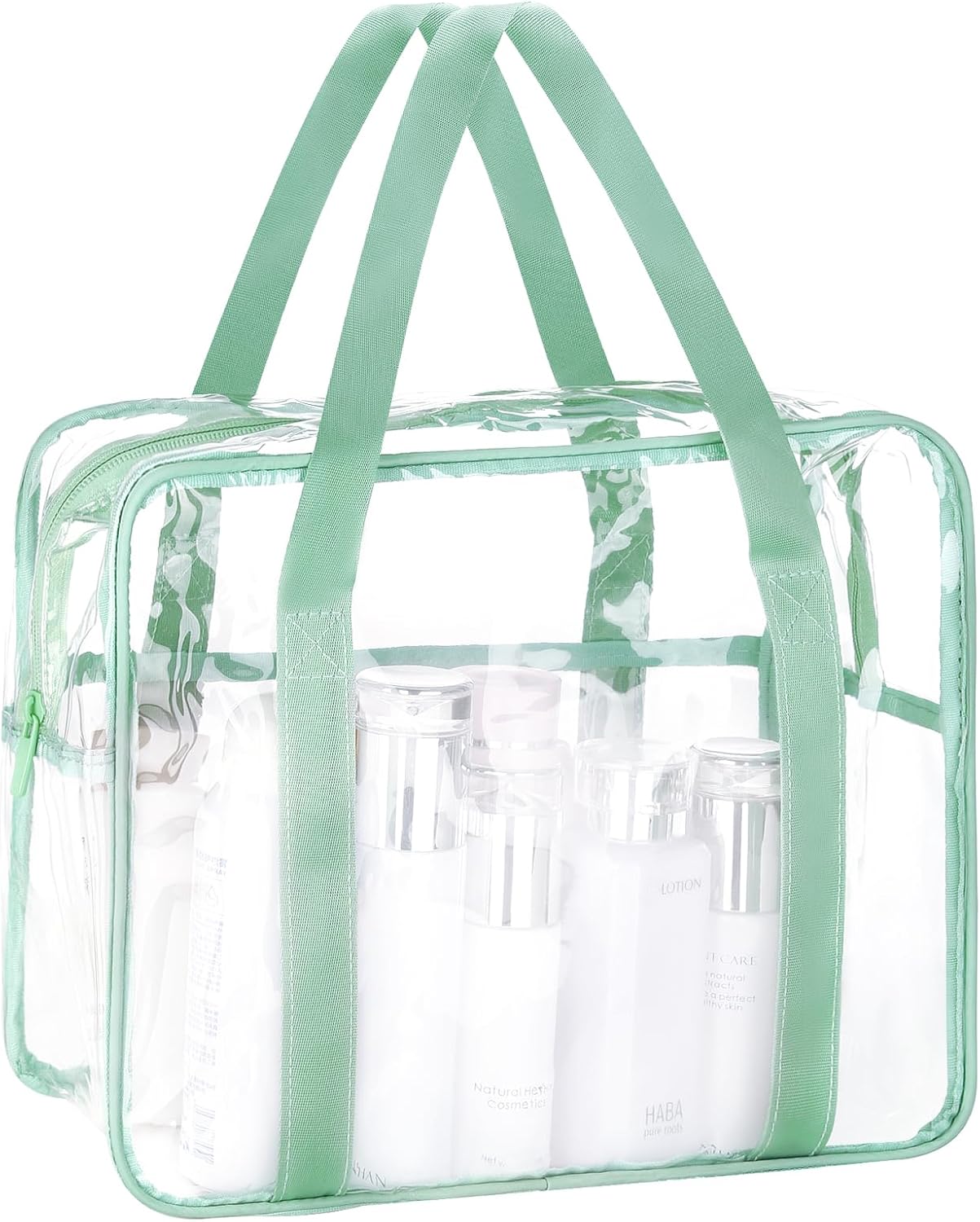 71eUFdvakSL._AC_SL1500_.jpg Extra Large Clear Cosmetic Makeup Bag, Transparent PVC Tote Shoulder Bag Stadium Approved, Waterproof Clear Toiletry Carry Pouch Makeup Artist Bag Diaper Bag (Green) - Image 1