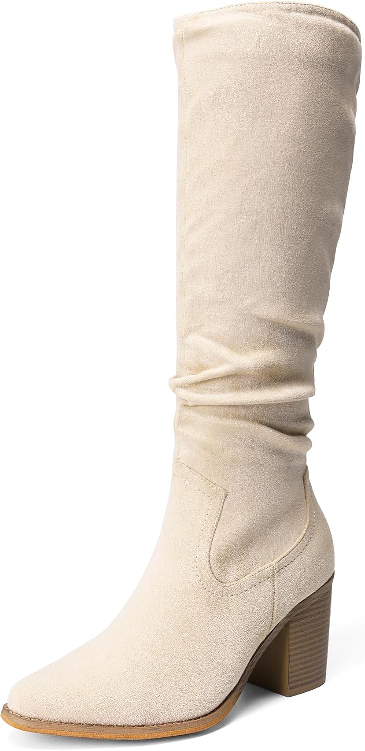 71qRlbzJuNL._AC_SL1500_.jpg Women Knee-High Boots, Comfortable Chunky Block Heel Pointed Toe ll On Side Zipper Suede Slouch Riding Boots - Image 1