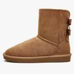 Women Mid Calf Suede Winter Boots, Slip-On Snow Boots, Cozy Fur Lined, Back Bow Design - Image 2