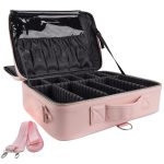 Travel Makeup Case Large Capacity Cosmetic Case Organizer 16 Inches Waterproof Portable Artist Makeup Storage Bag with Adjustable Dividers and Shoulder Strap for Makeup Brushes Jewelry, Pink